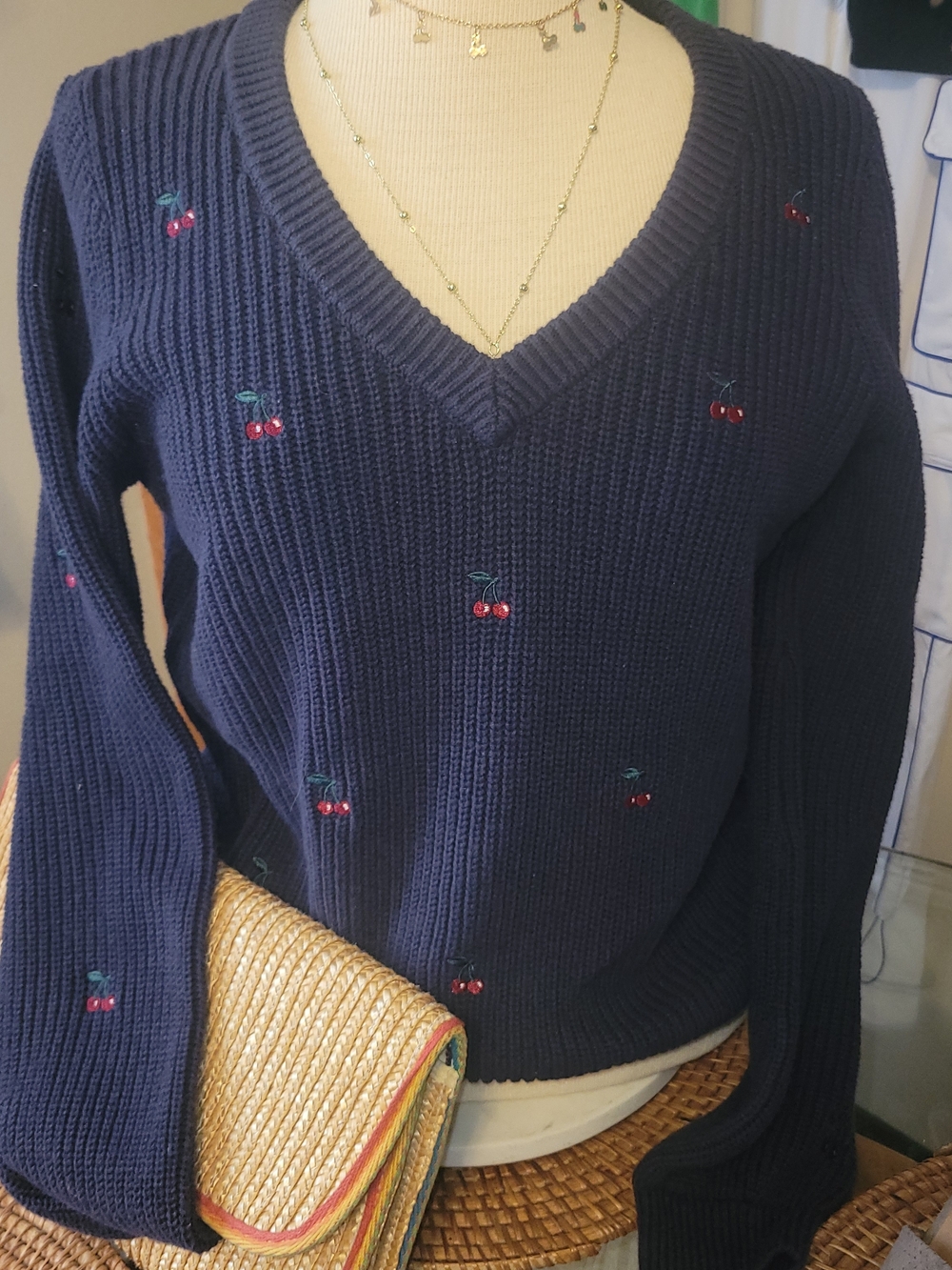Lucky Brand Navy V-Neck Sweater with Red Cherry Embroidery